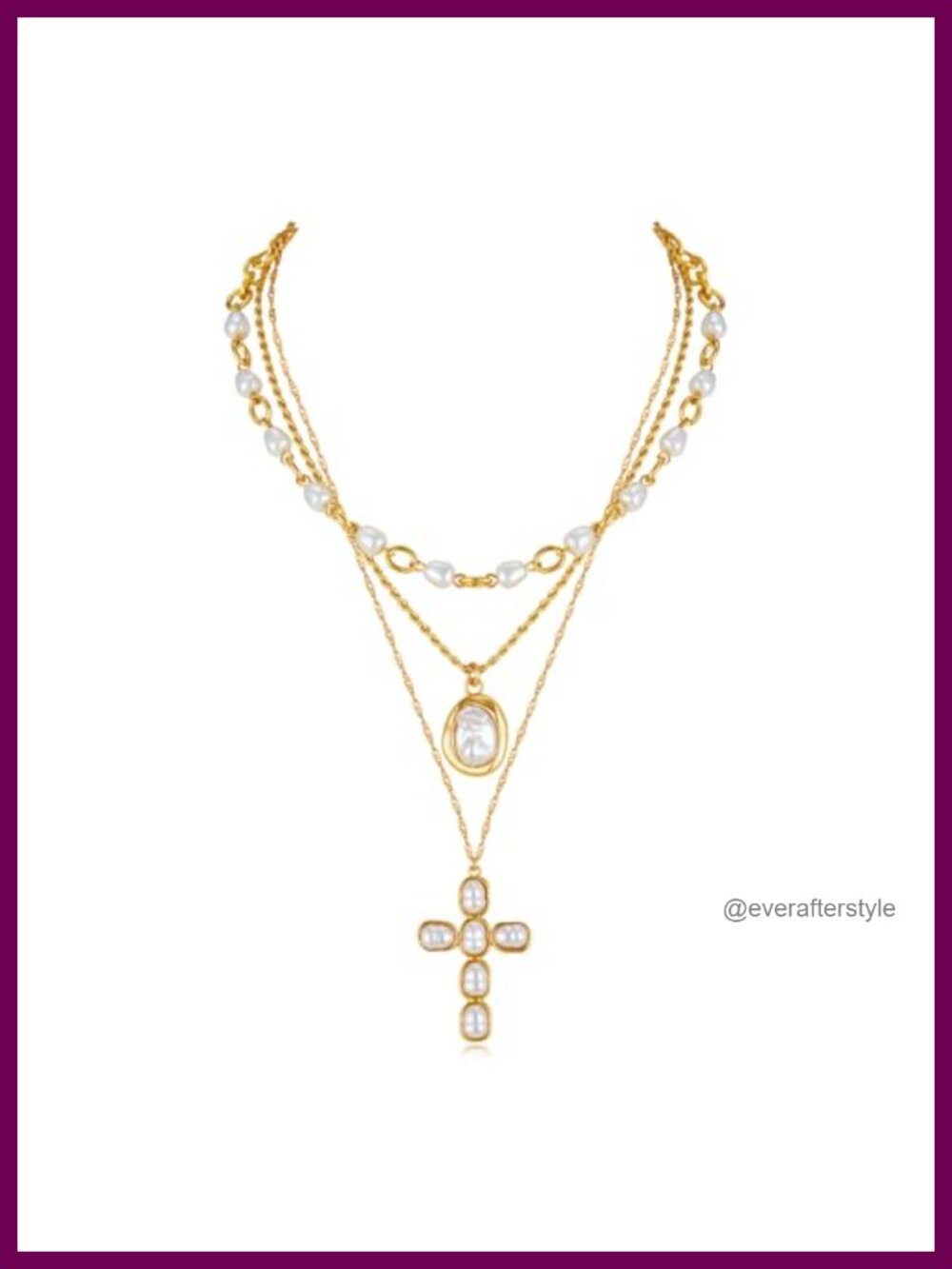 Gold Layered Pearl Cross Necklace Multi Strand Stackable